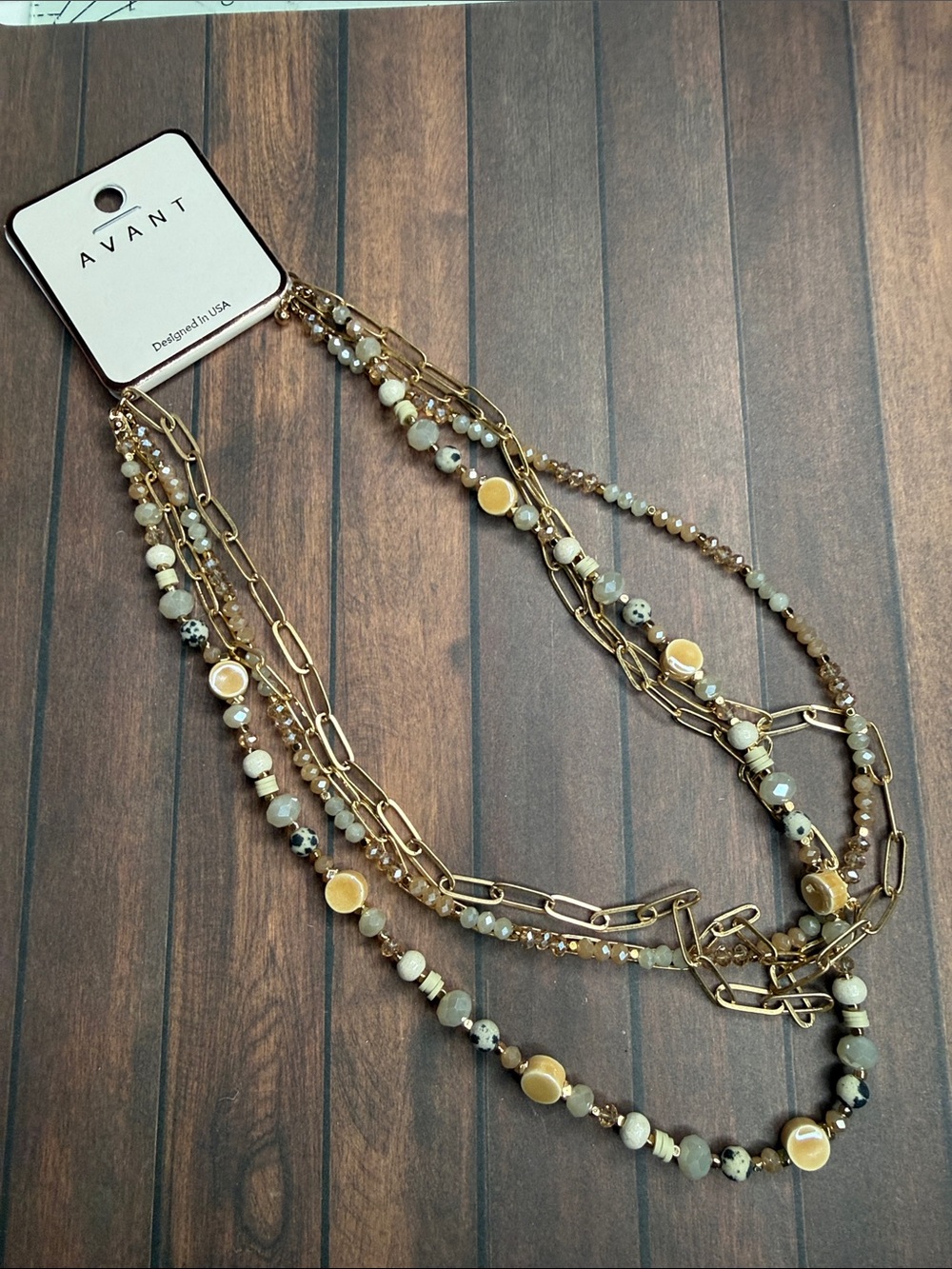 Avanti Layered Gold Chain Necklace with Cream and Taupe Beads